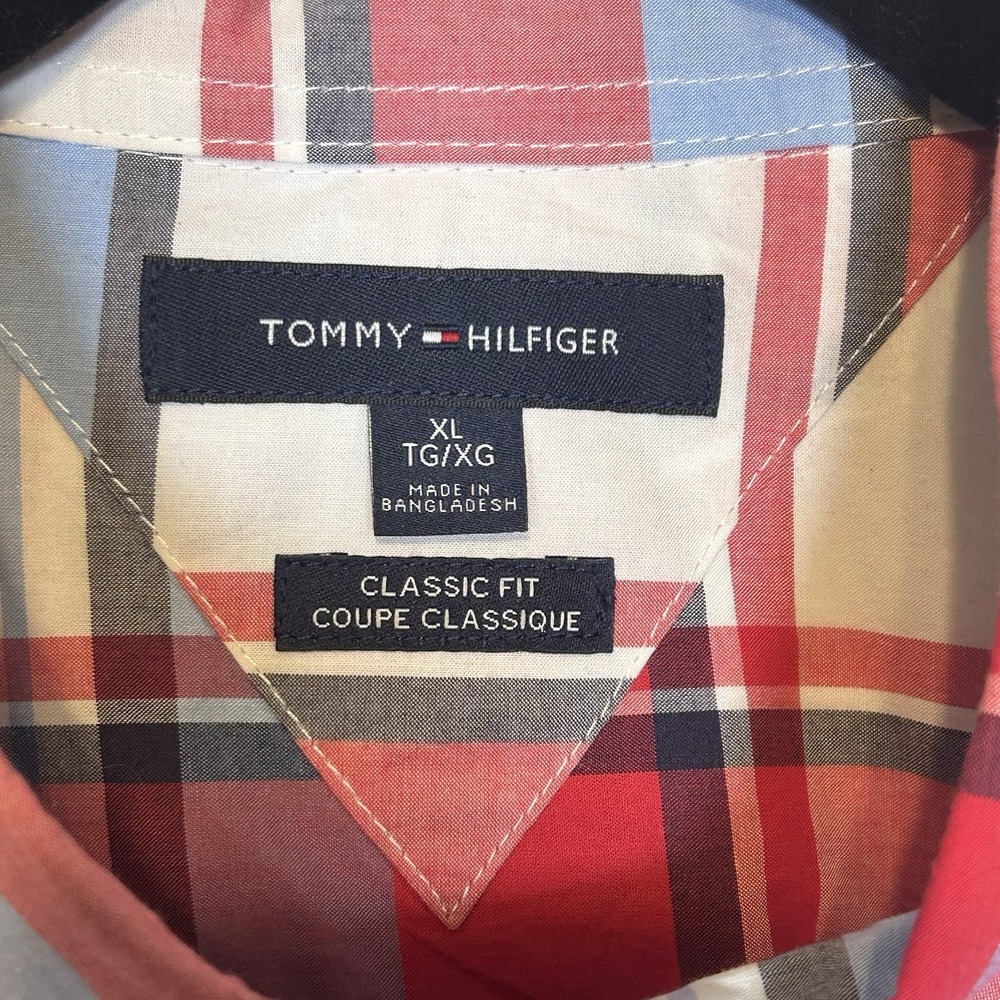 Tommy Hilfiger Men's Short Sleeve Button-Up Red White Blue Plaid XL 100 Cotton - Picture 3 of 8